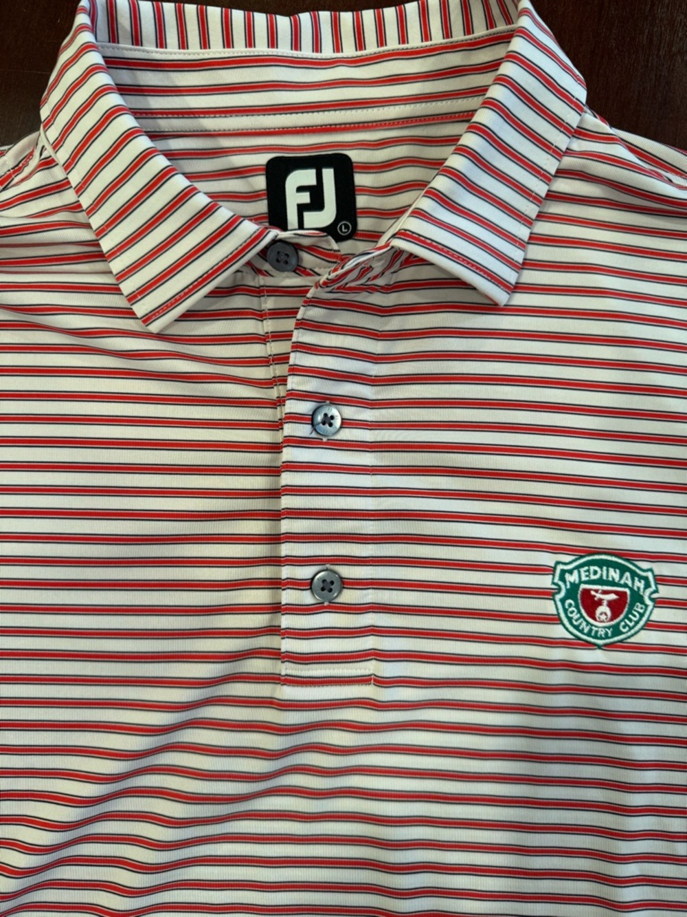 FootJoy Red and White Striped Golf Polo with Medina Country Club Patch